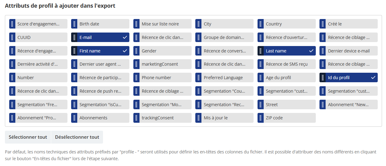 Attributs de profil à ajouter dans l&#39;export