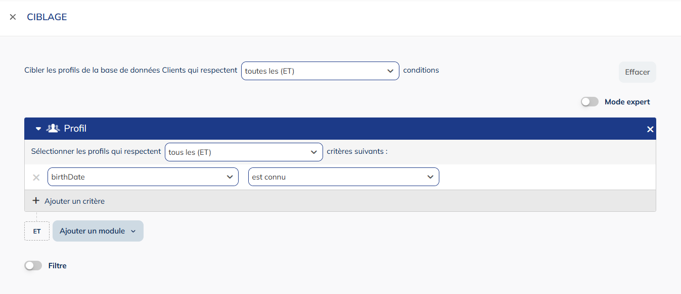Filtre additionnel sur la population cible
