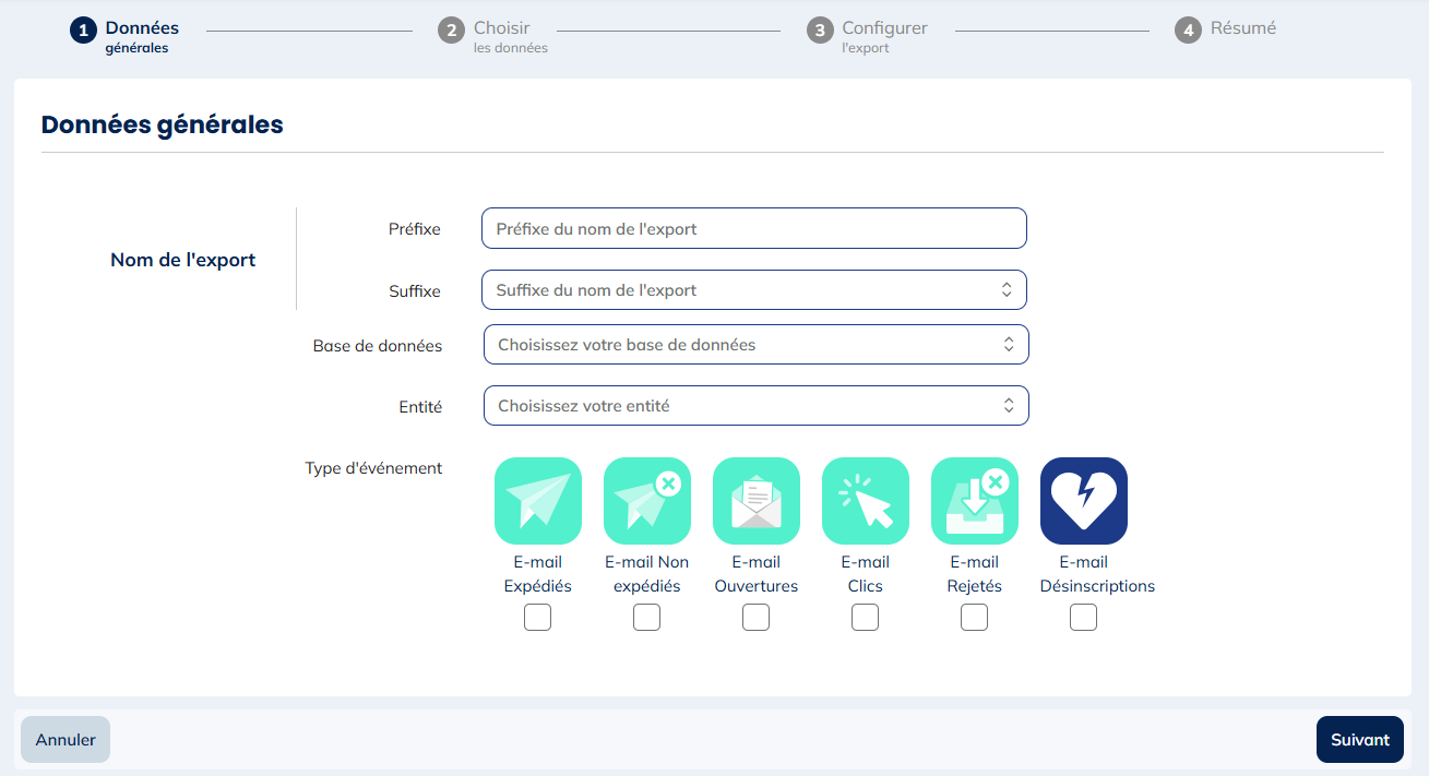 Types d'évènements pour les exports d'Activités e-mails