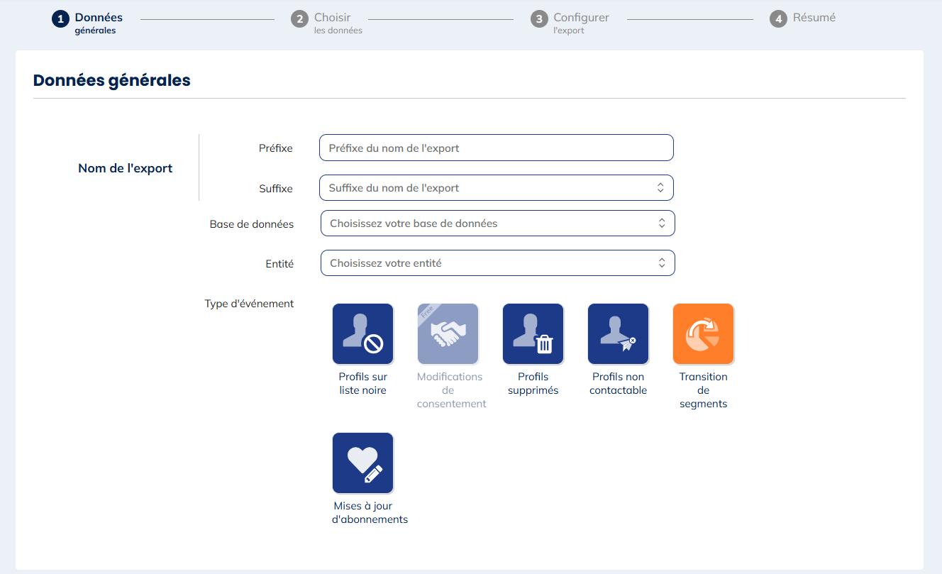 Types d'évènements pour les exports de Modification de profils