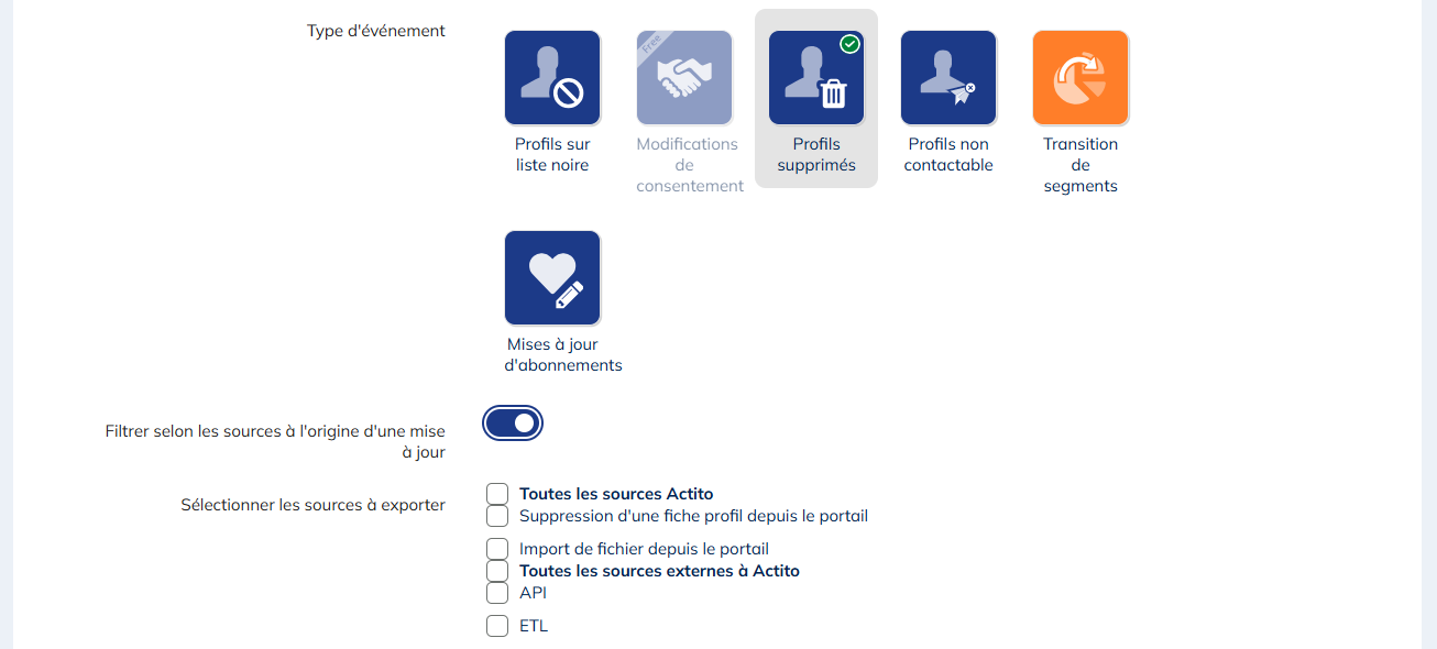 Filtre sur les sources de suppression de profils