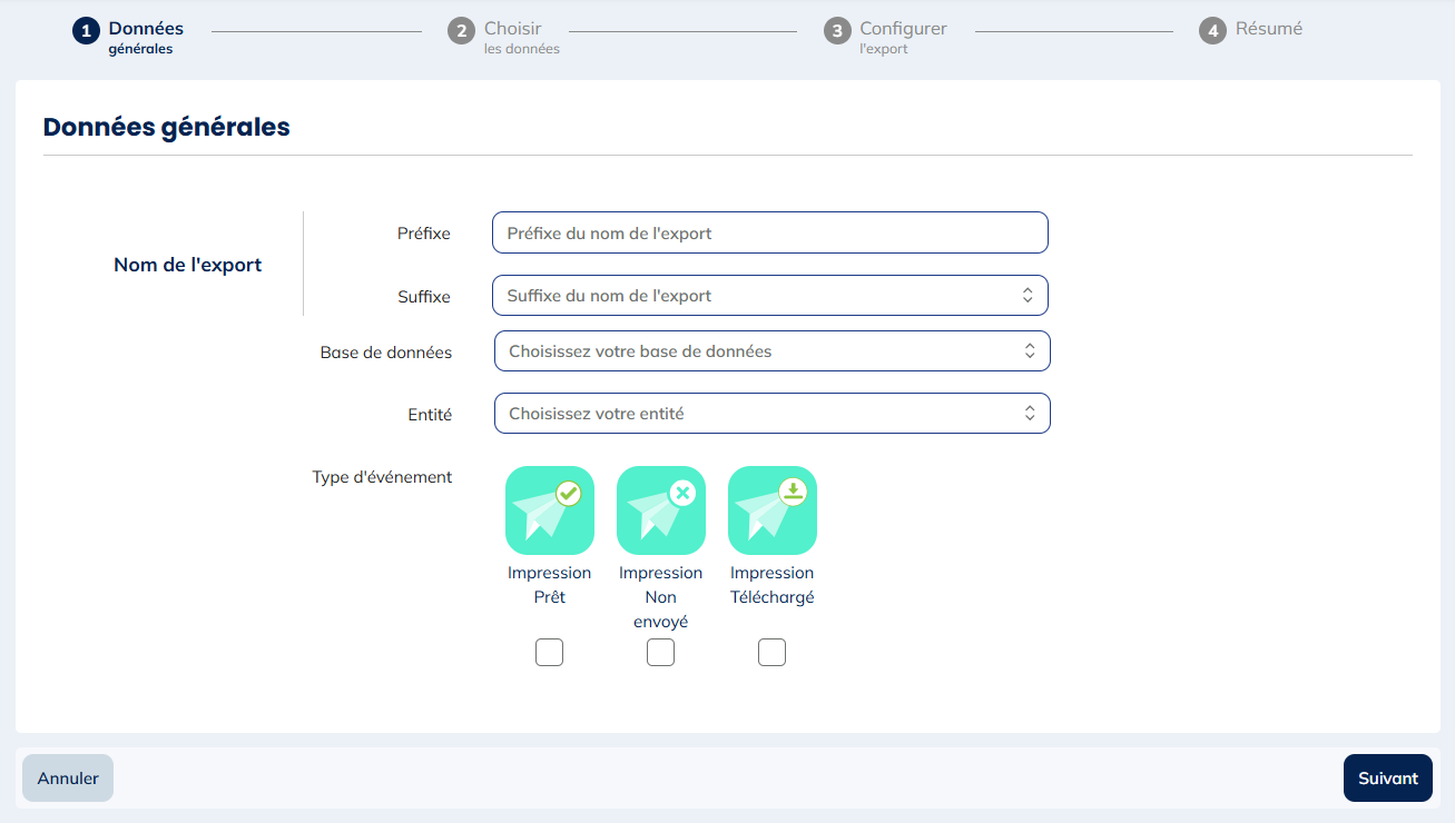 Types d'évènements pour les exports d'Activités des impressions, Activités des campagnes téléphoniques et Activités des campagnes sociales