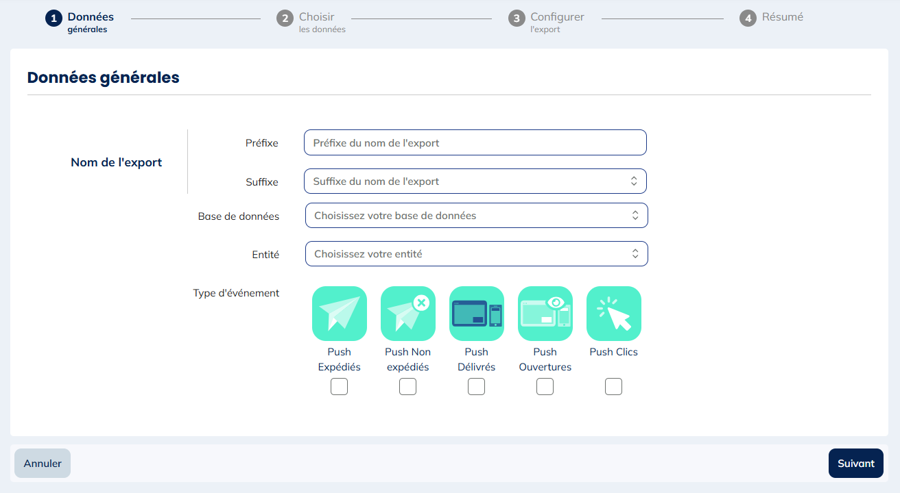 Types d'évènements pour les exports d'Activités Push