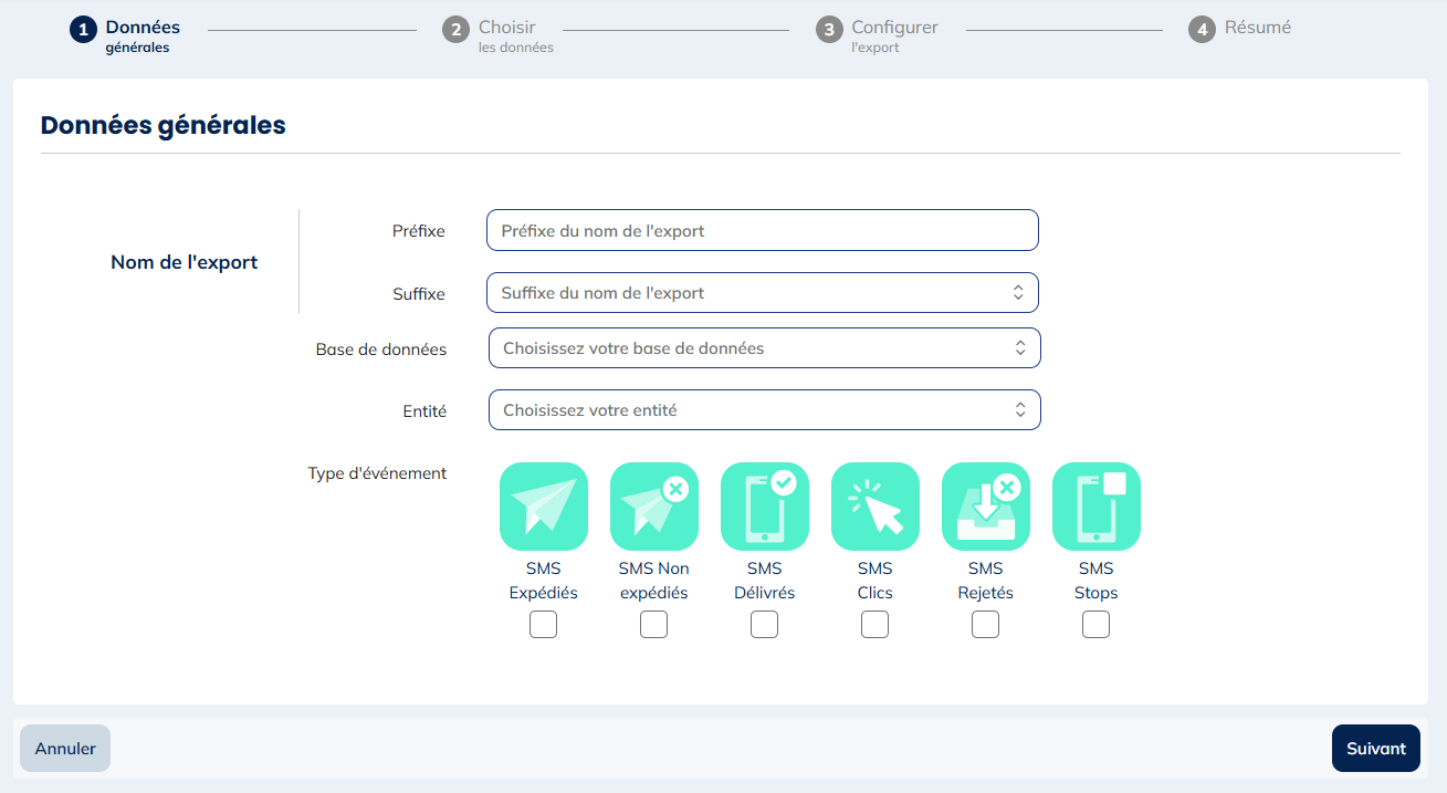 Types d'évènements pour les exports d'Activités SMS