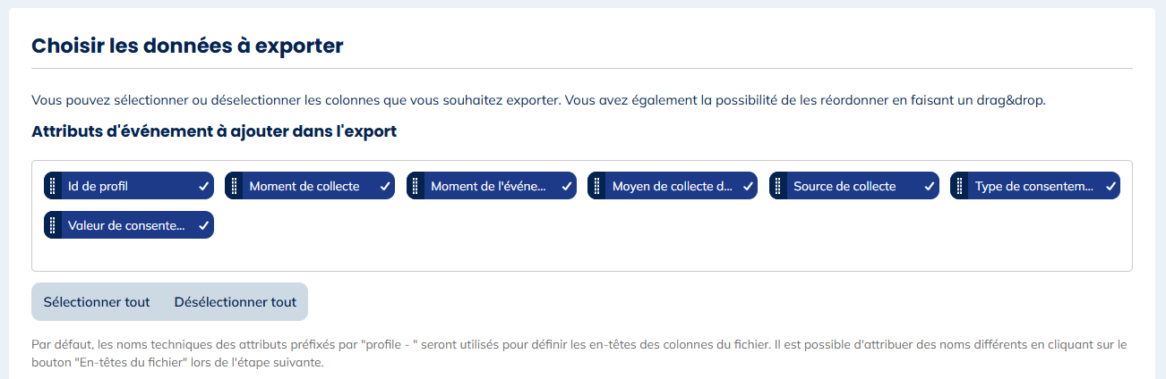 Données pour les exports de Modifications de consentement marketing