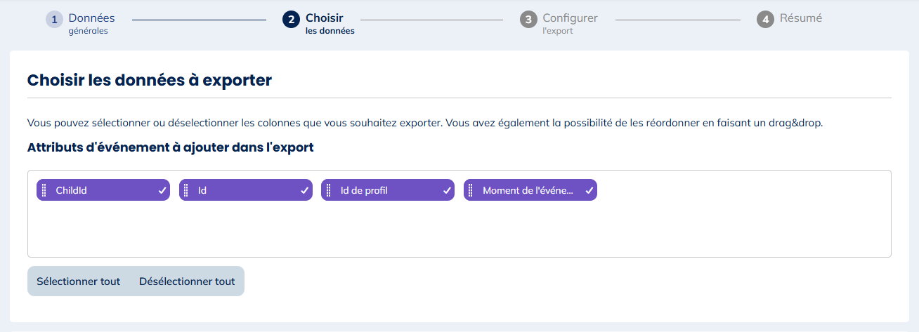 Données pour les exports de Modification sur les devices, les données liées, les interactions et les référentiels