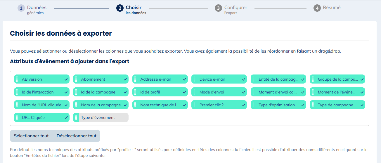 Données pour les exports de Clics dans les e-mails