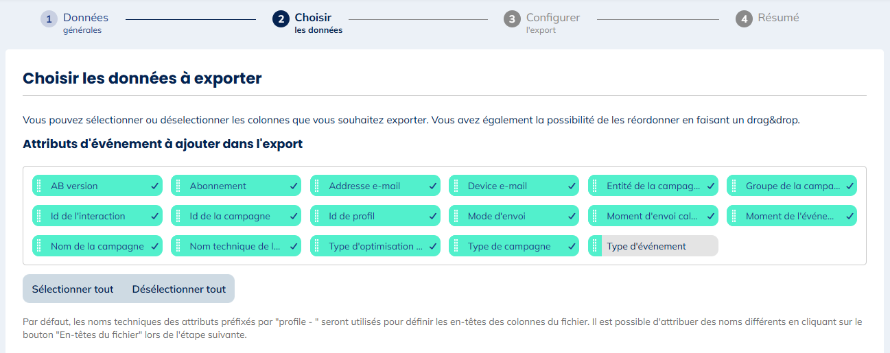 Données pour les exports d'Ouvertures e-mail