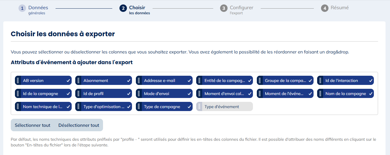 Données pour les exports de Désabonnements dans les e-mails