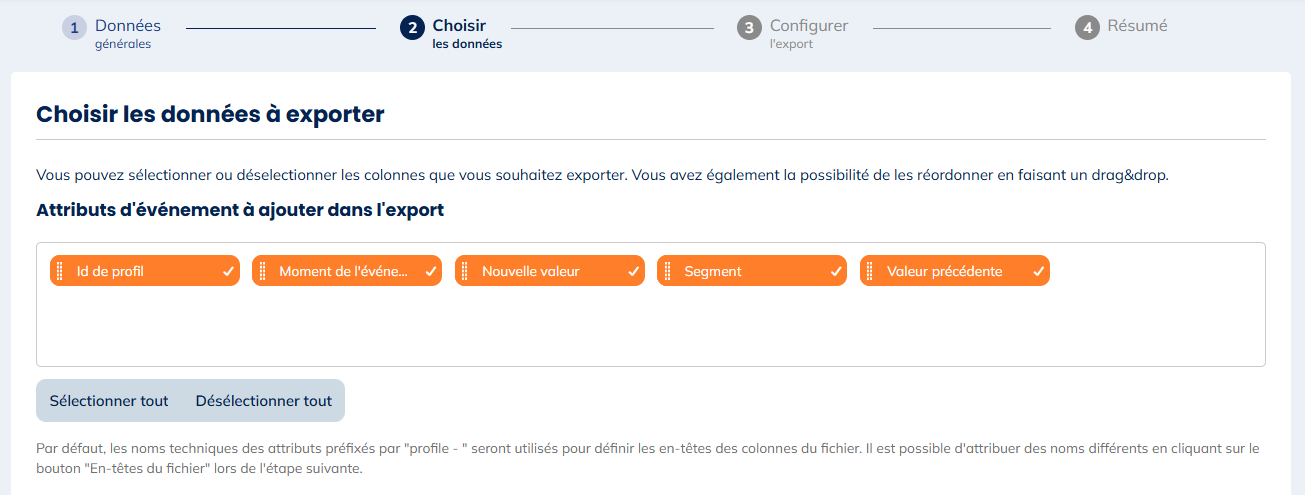 Données pour les exports de Transition de segments