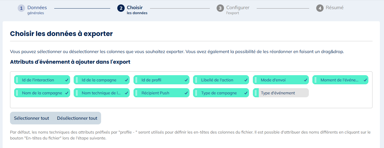 Données pour les exports de clics dans les pus