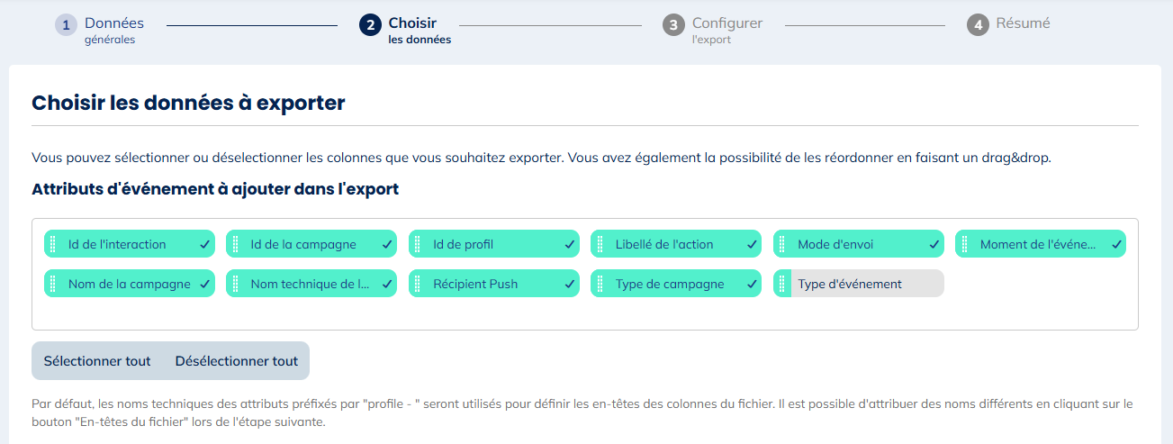 Données pour les exports d'ouvertures dans les push
