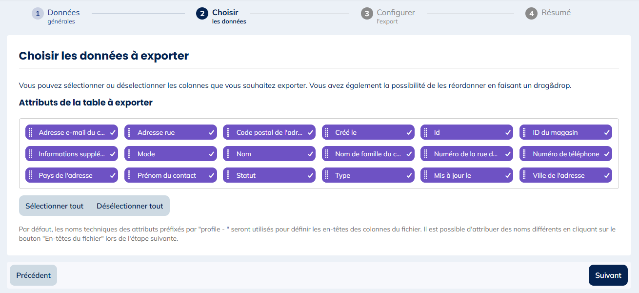 Données pour les exports de Profils, de Devices, de Données liées, d'Interaction et de Référentiels