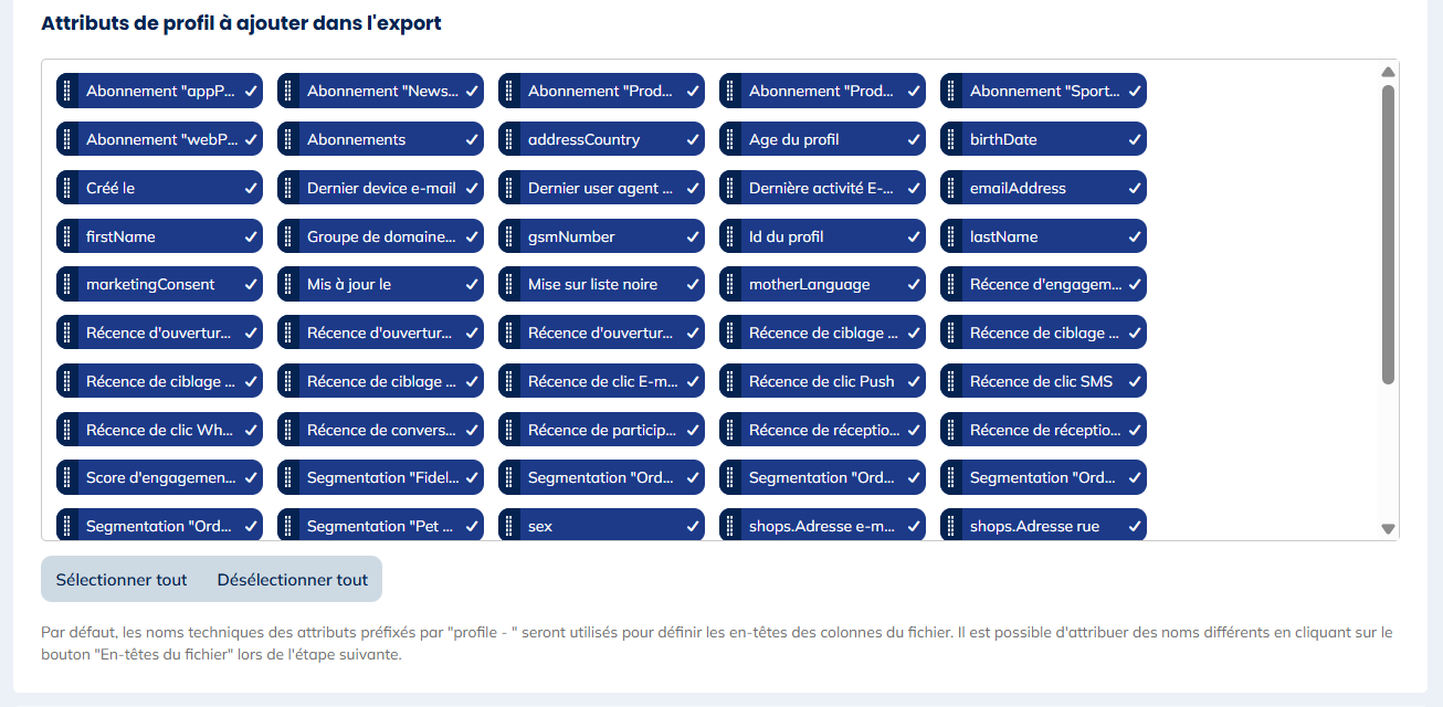 Attributs de profil à ajouter dans l'export