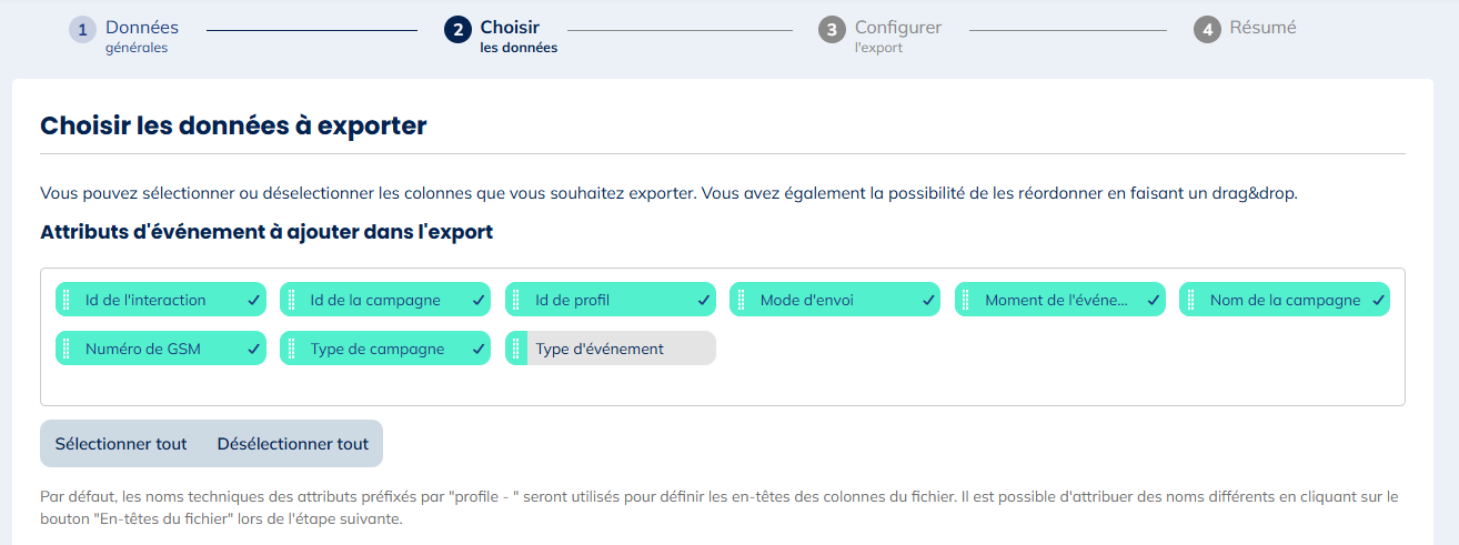 Données pour les exports de Clics dans les SMS