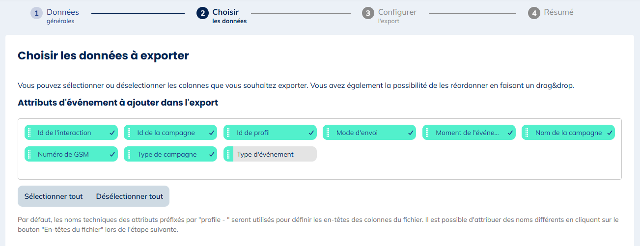 Données pour les exports de SMS expédiés