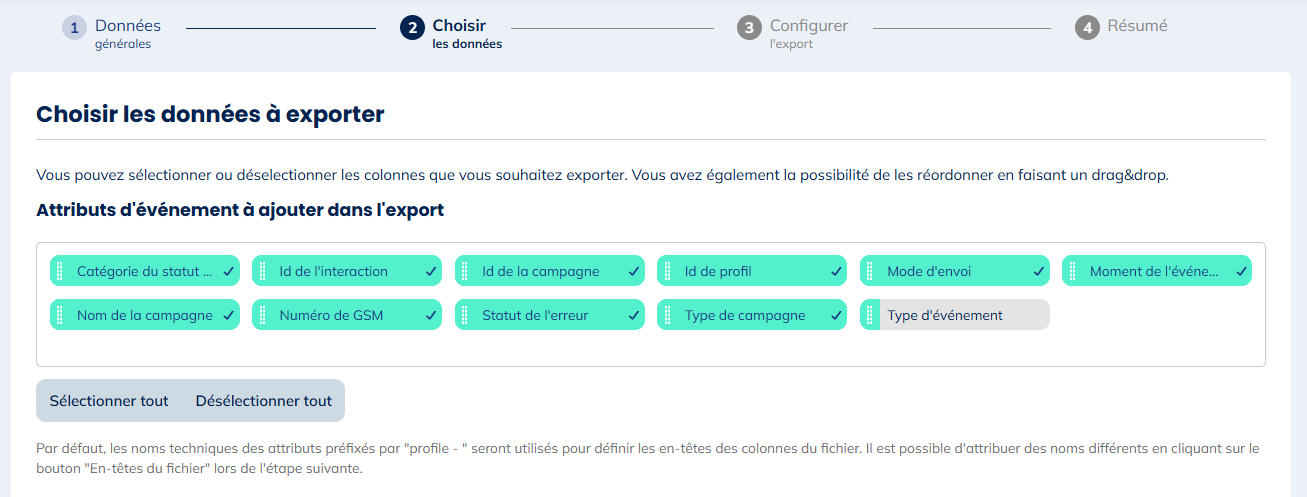 Données pour les exports de SMS non-expédiés