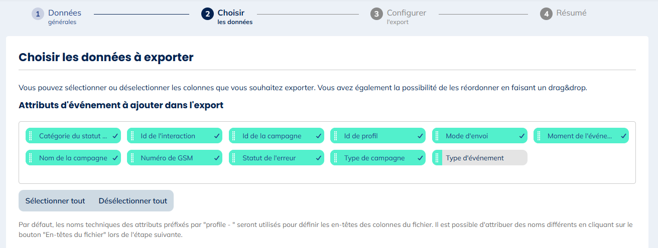 Données pour les exports de SMS rejetés