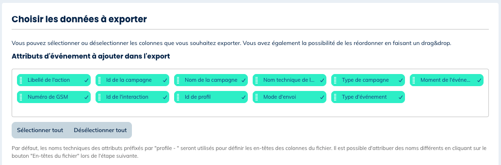 Données pour les exports de messages expédiés, délivrés, ouverts et cliqués