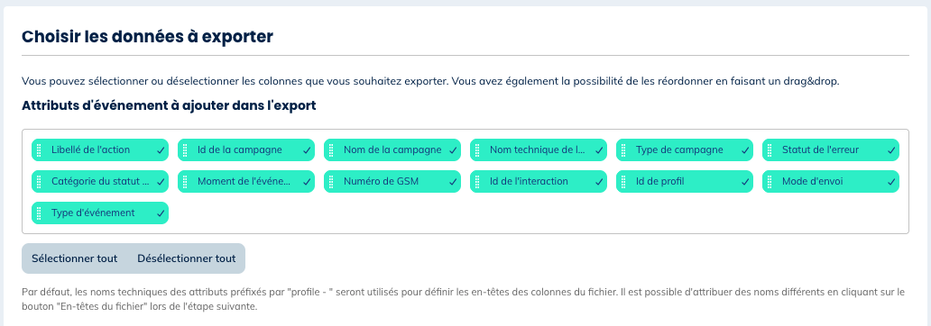 Données pour les exports de messages non-expédiés