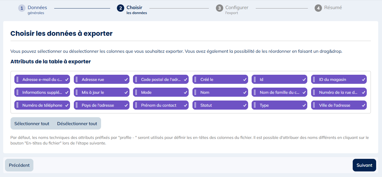 Attributs de la table à exporter