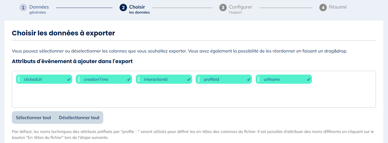 Attributs d'événement à ajouter dans l'export