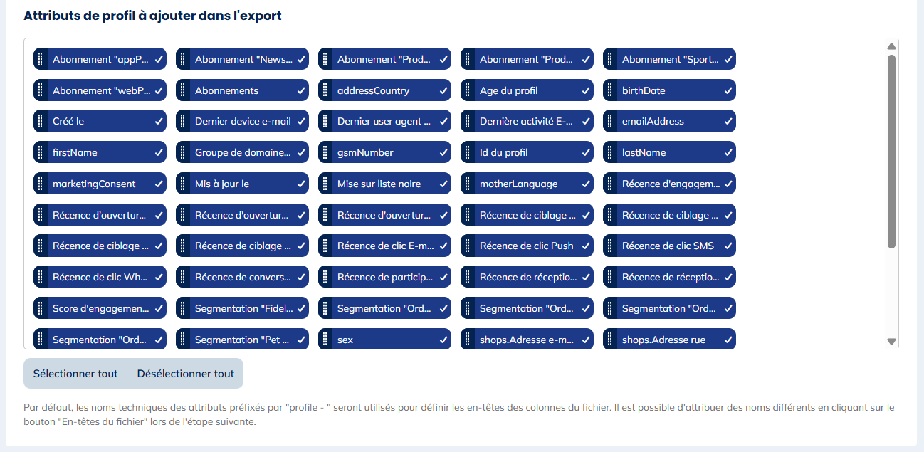 Attributs de profil à ajouter dans l'export