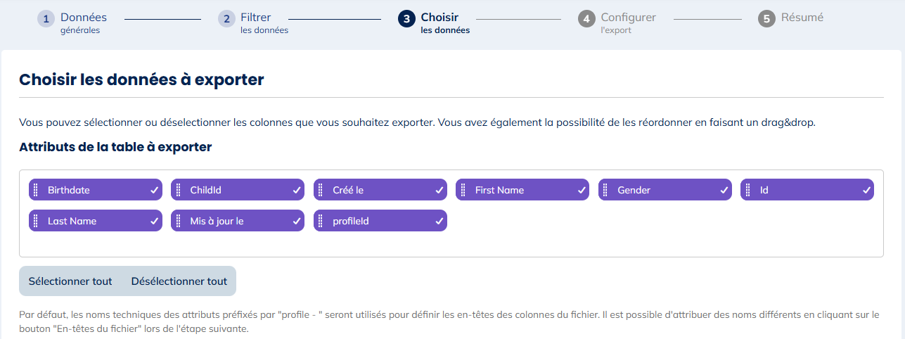 Attributs de la table à exporter