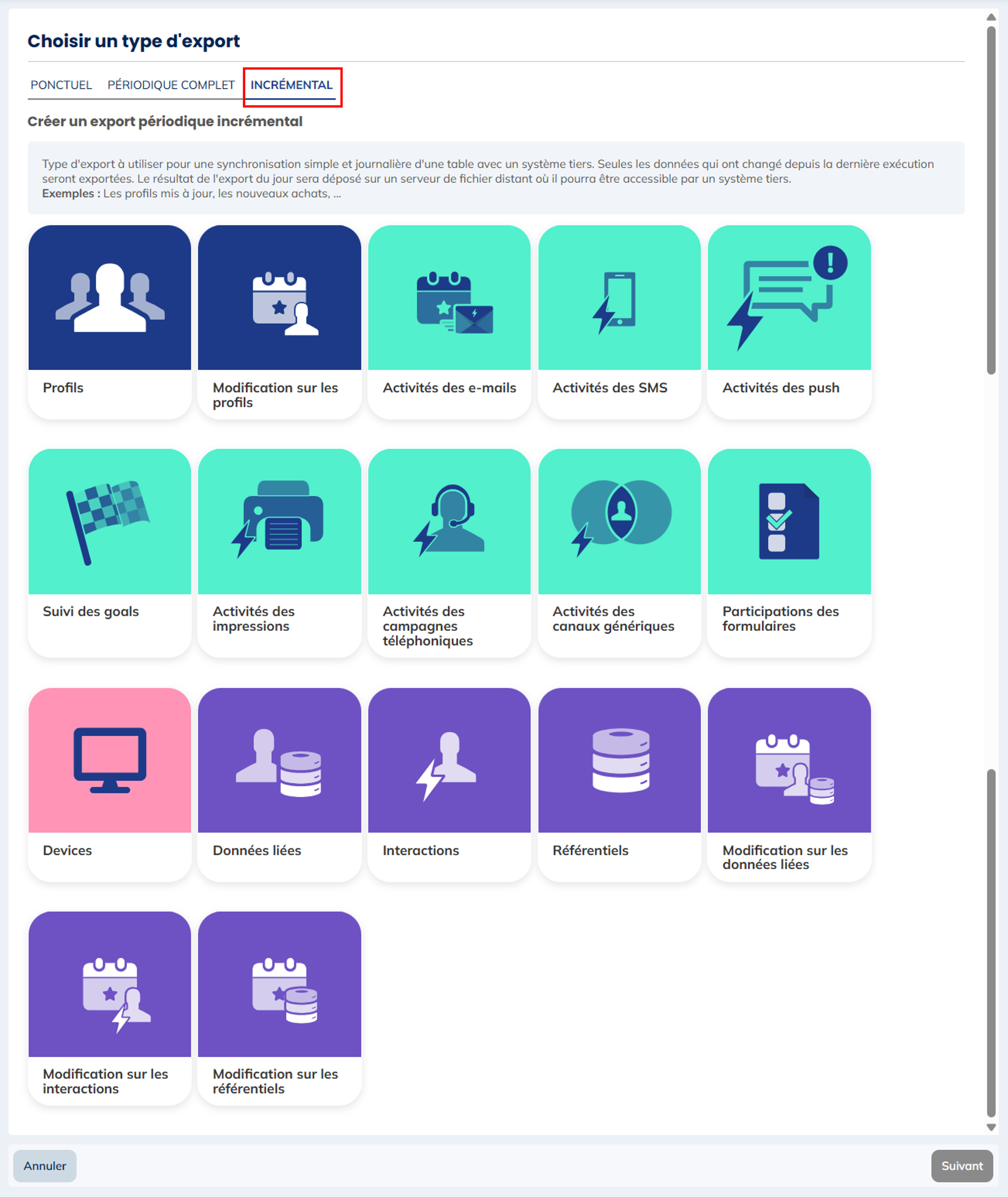 Les différents types d'Exports incrémentaux