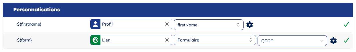 Menu de personnalisations