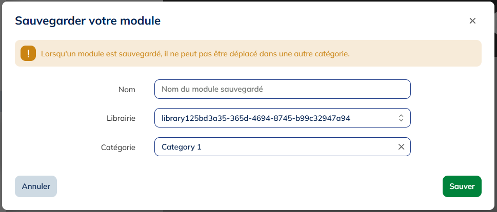choisir la librairie et la catégorie dans laquelle sauvegarder votre module