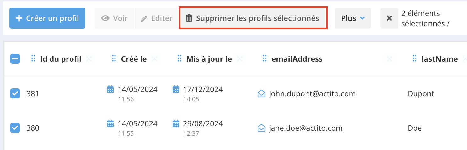 Supprimer les profils sélectionnés