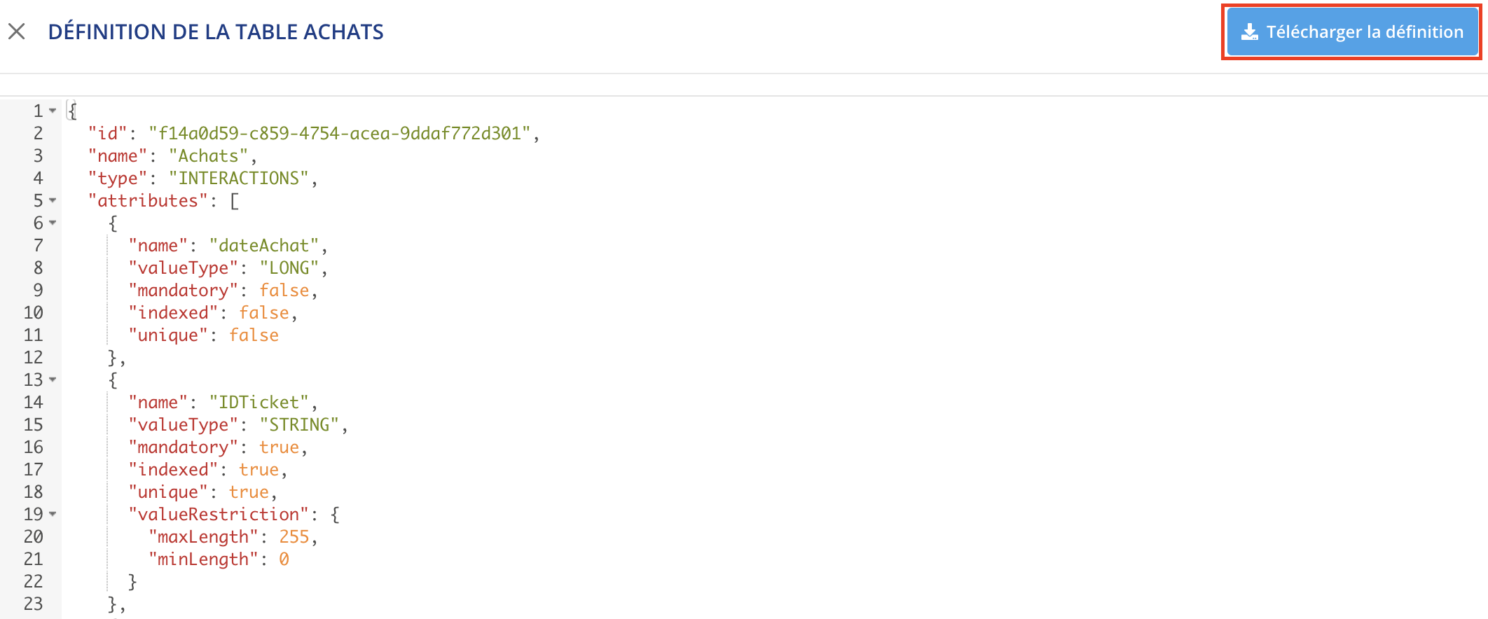 Voir et télécharger la définition JSON