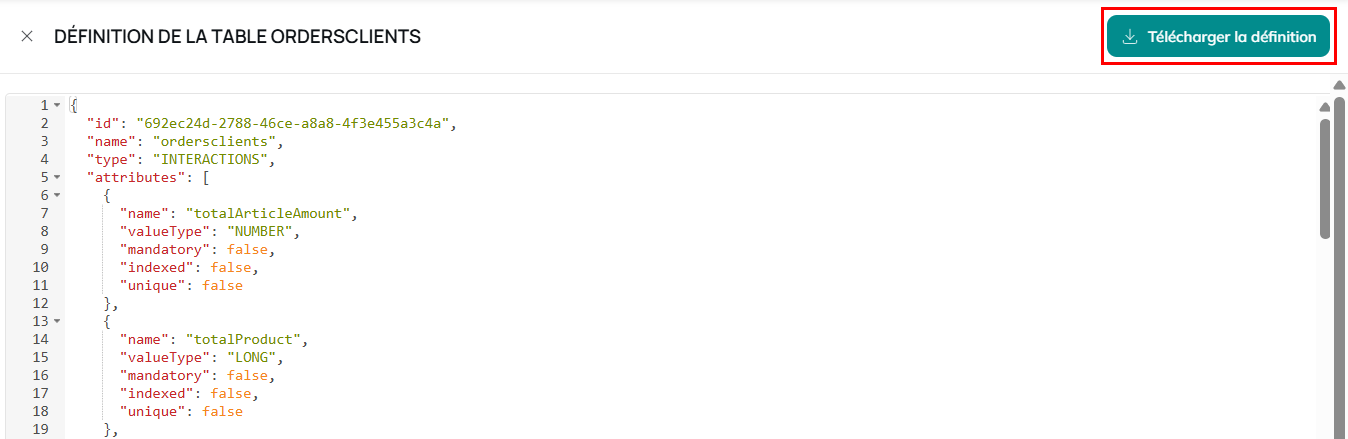 Voir et télécharger la définition JSON