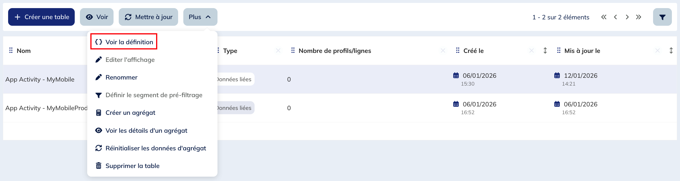 Afficher la définition JSON de la table