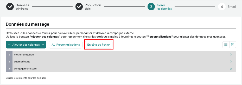 Réorganisation des données du fichier par glisser-déposer
