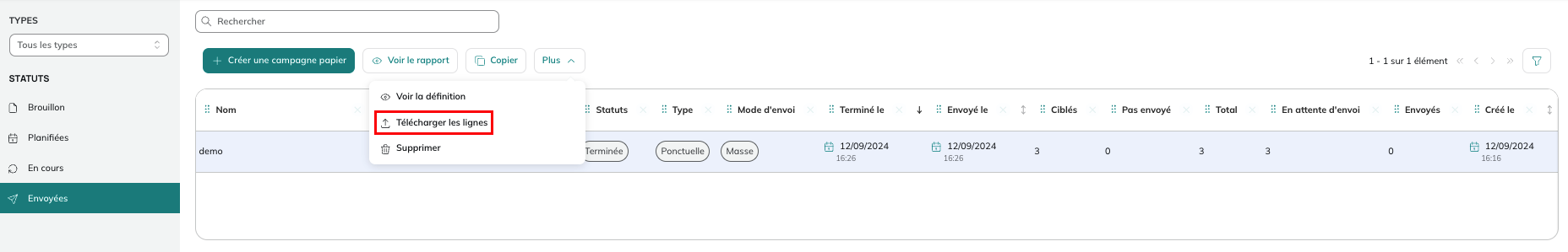 Bouton Plus puis Télécharger les lignes pour récupérer le fichier de la campagne