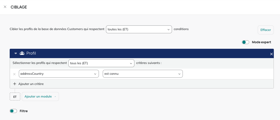 Module de ciblage pour filtrer les profils de la campagne