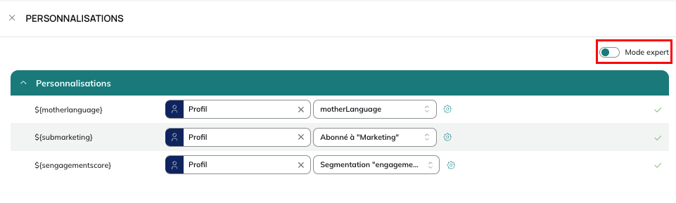 Activation du Mode expert dans l'éditeur de personnalisations