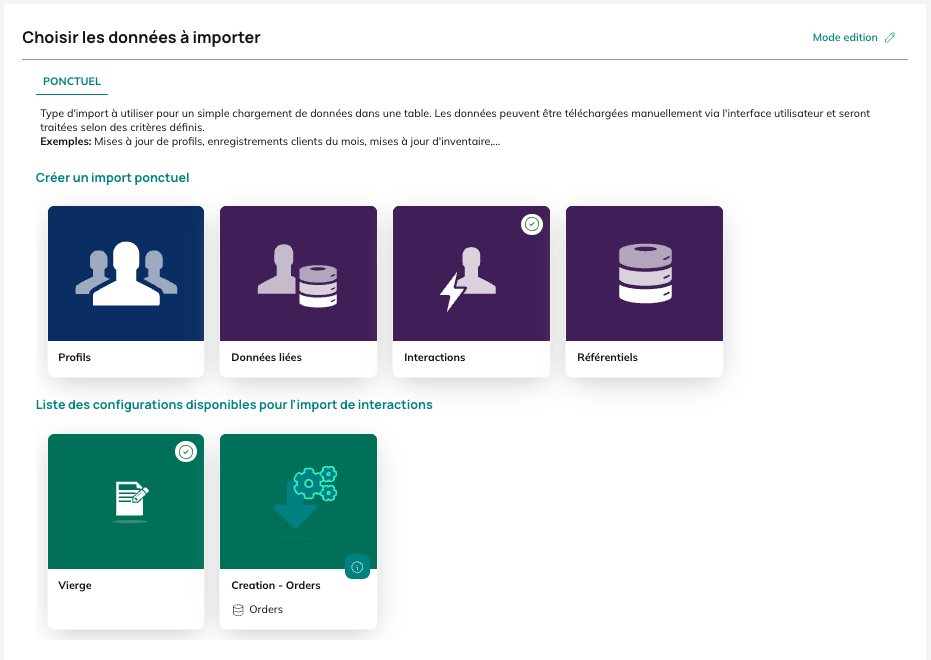 Choisir le type d'import et le template