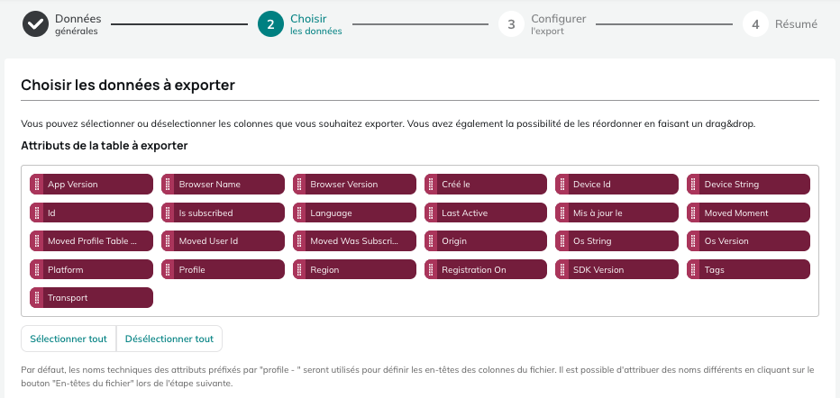 Données pour les exports de Profils, de Devices, de Données liées, d'Interactions et de Référentiels