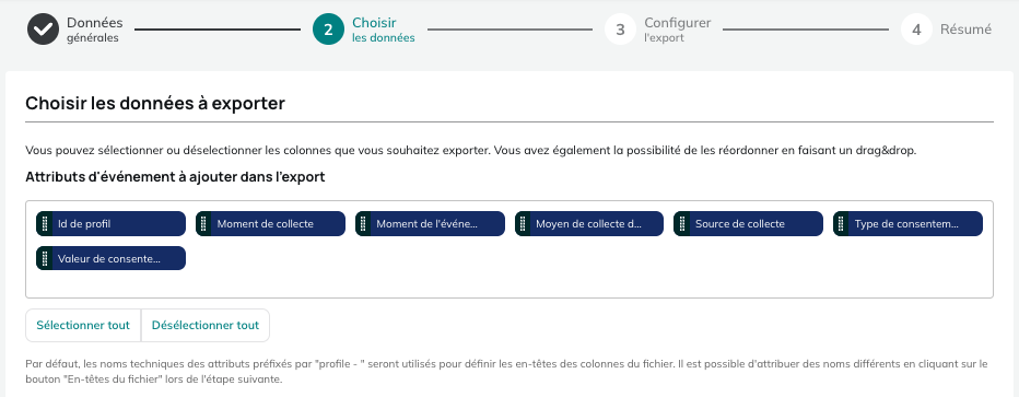 Données pour les exports de Modifications de consentement marketing