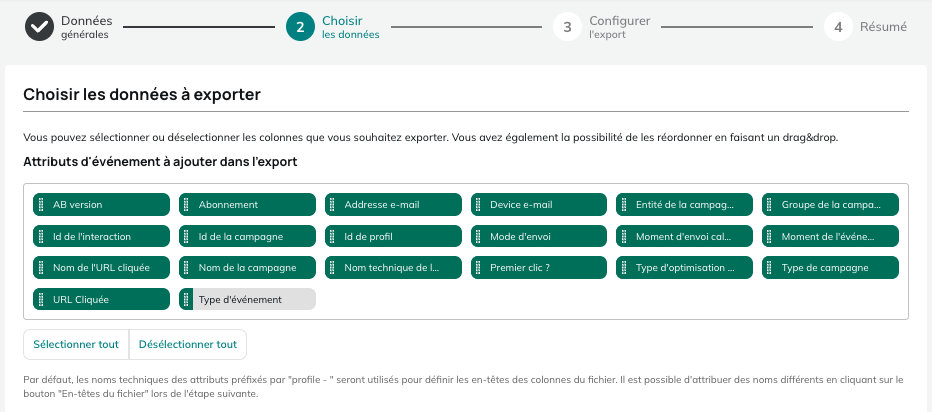 Données pour les exports de Clics dans les e-mails