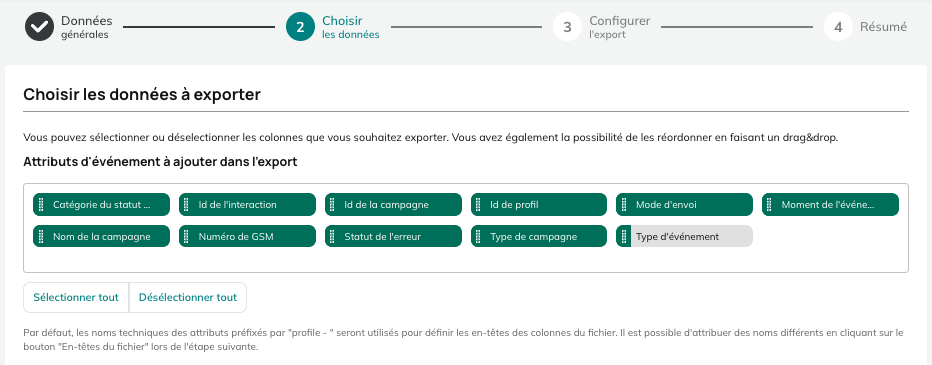 Données pour les exports de SMS non-expédiés