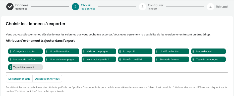 Données pour les exports de messages non-expédiés