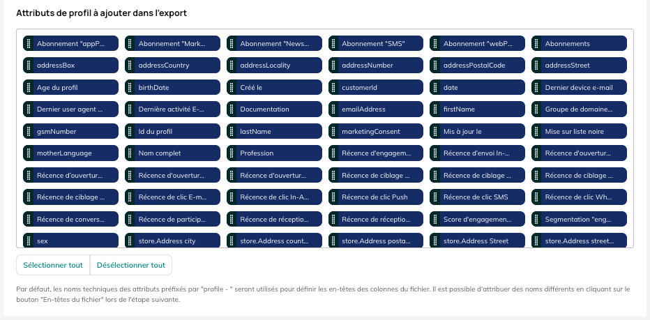 Attributs de profil à ajouter dans l'export