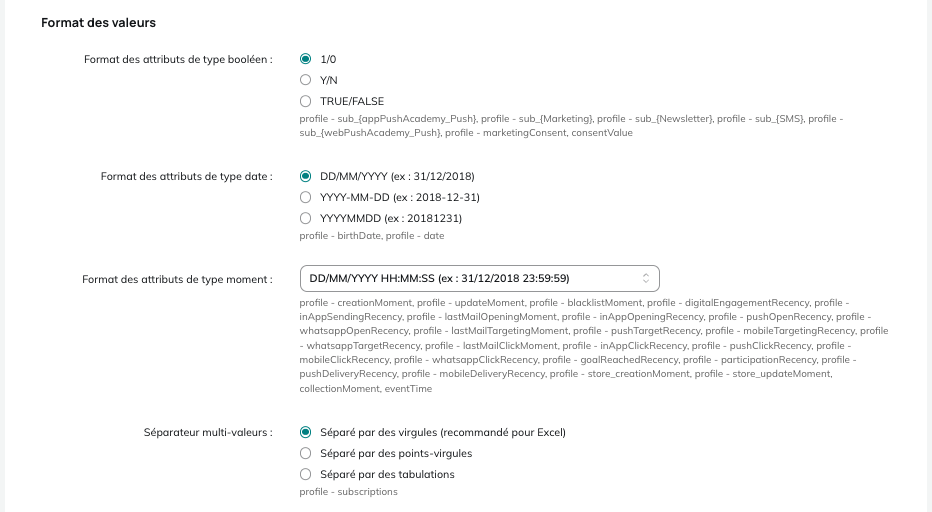 Format des valeurs