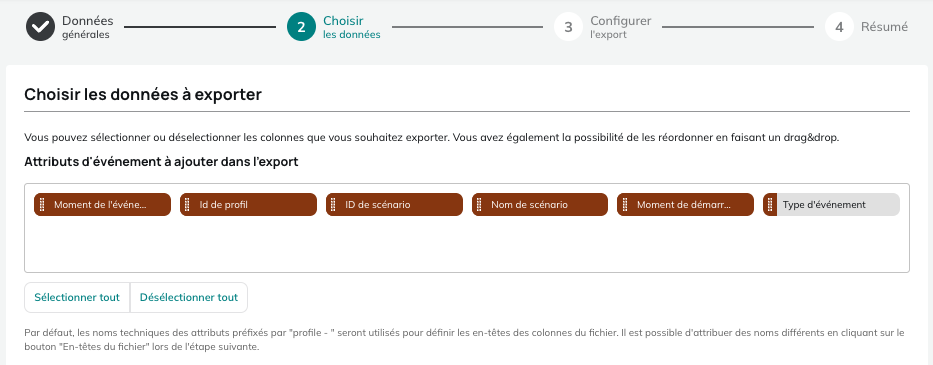Données pour l'export des entrées de scénario