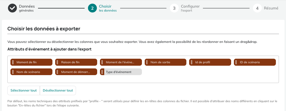 Données pour l'export des sorties de scénario