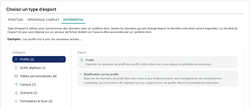 Les différents types d'exports incrémentaux